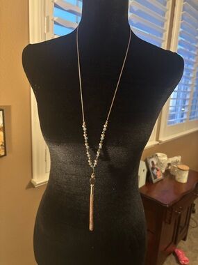 Gold Beaded Tassel Long Necklace - Neutral Gold